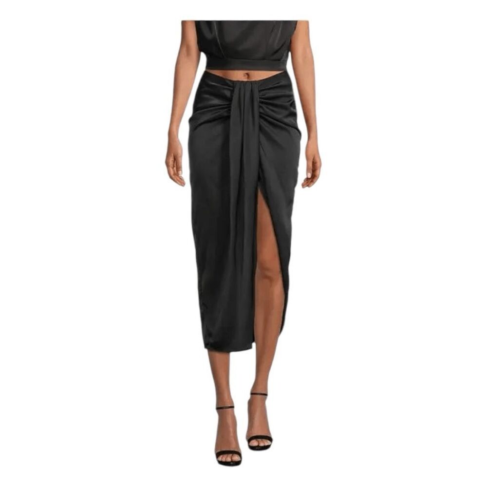 Line & Dot Black Front-Tie Midi Skirt with High Slit
